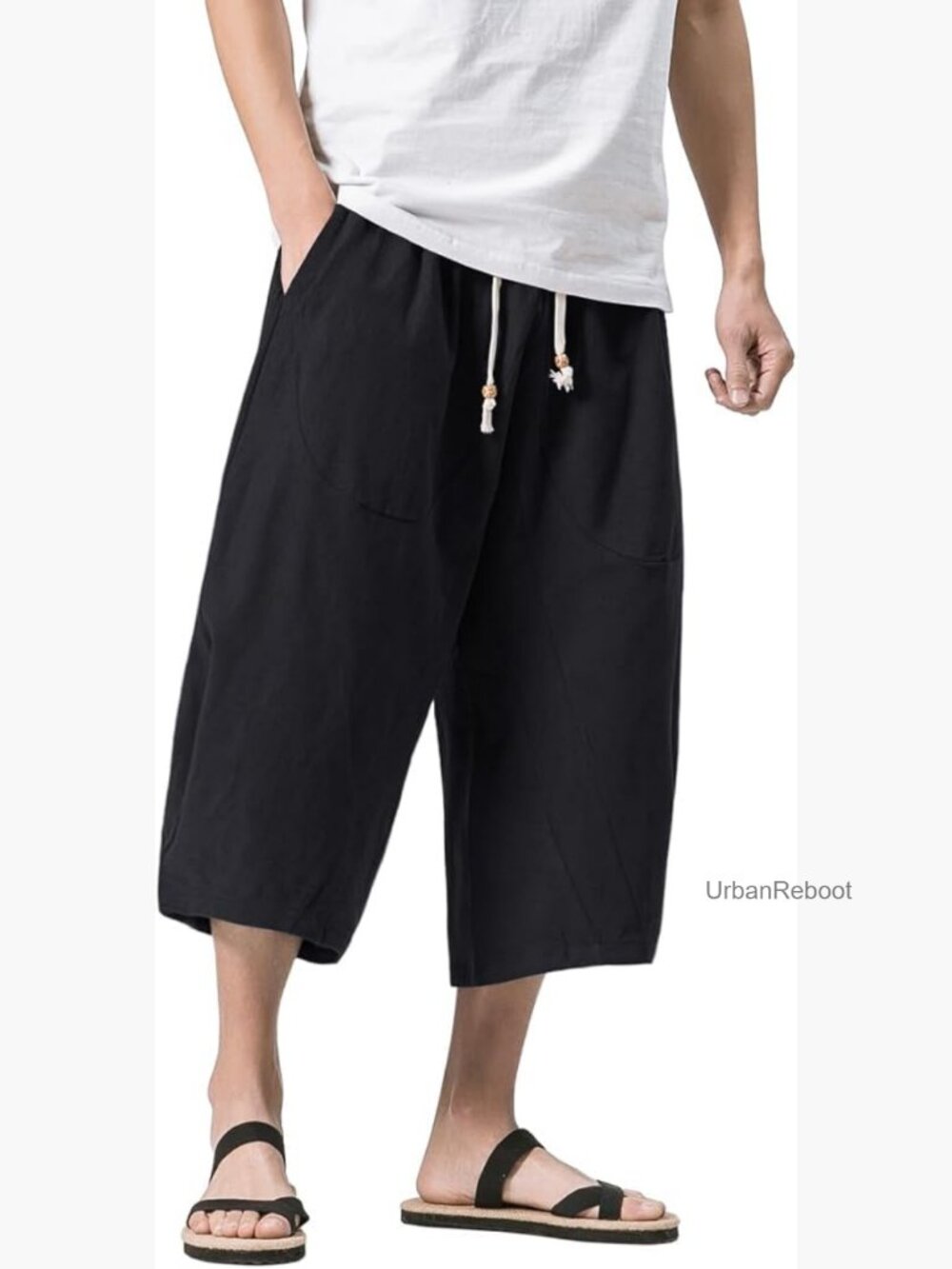 Linen Cotton Capri Pants Loose Fit Elastic Waist Wide Leg Baggy Harem